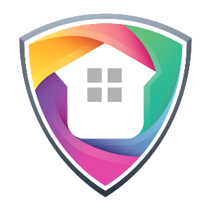 A colorful shield with a house inside of it.
